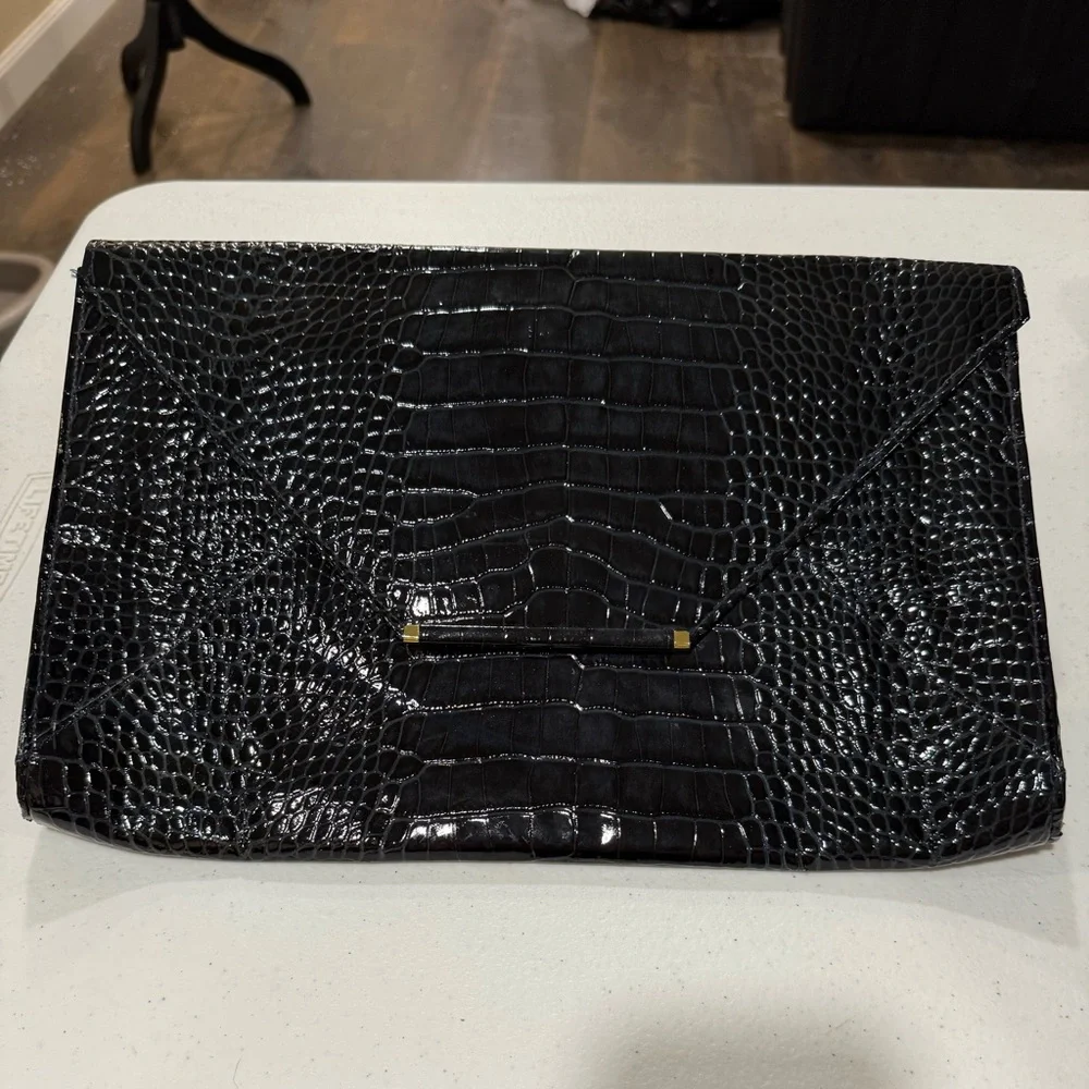 Abas Black Croc Embossed Envelope Clutch